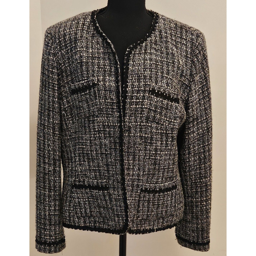 Charter Club Collarless Lined Tweed Jacket, Womans Black and White Size 16 - Picture 1 of 8